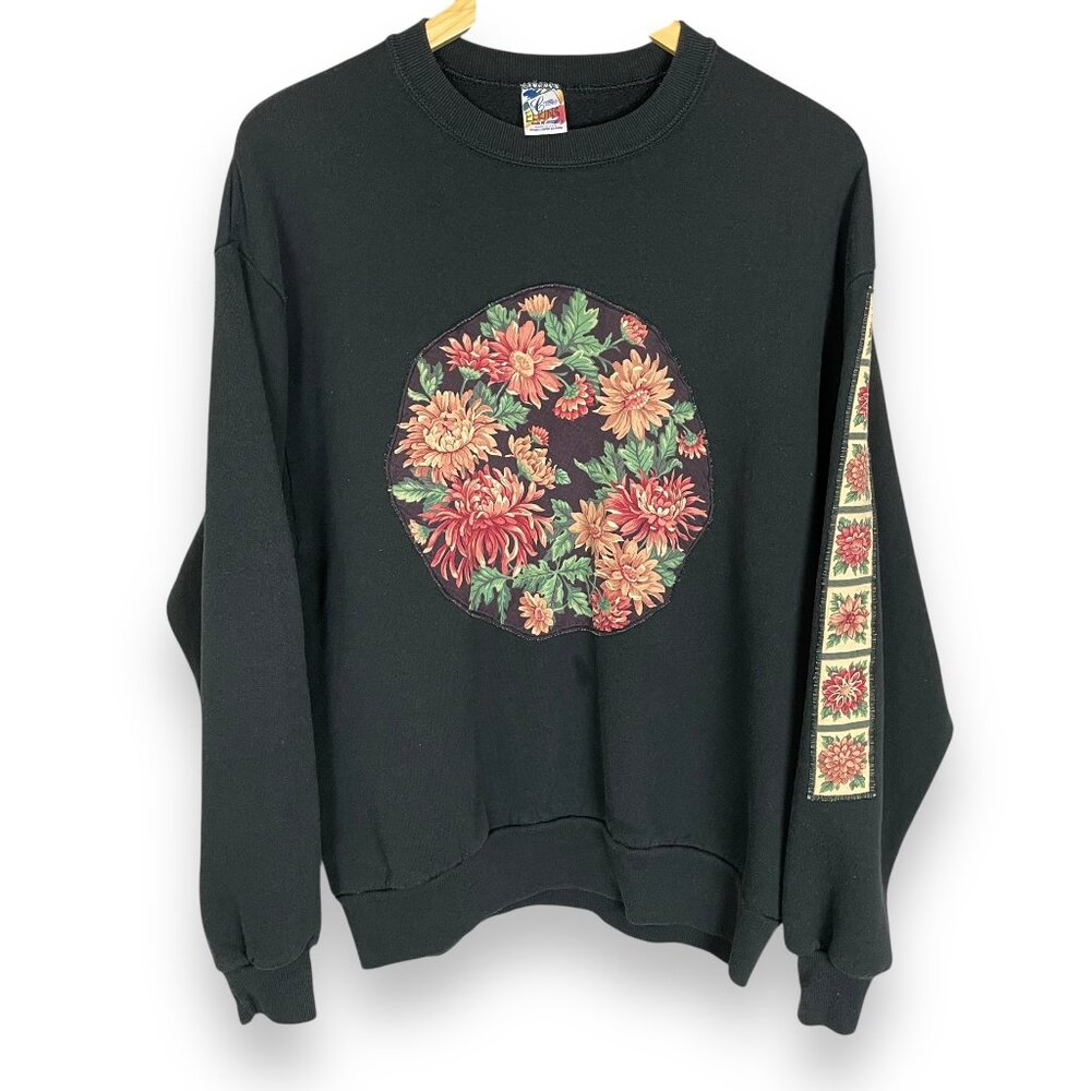 Vintage Sweatshirt Floral Applique DIY Size Large Women Unisex Twee 90s Jerzees